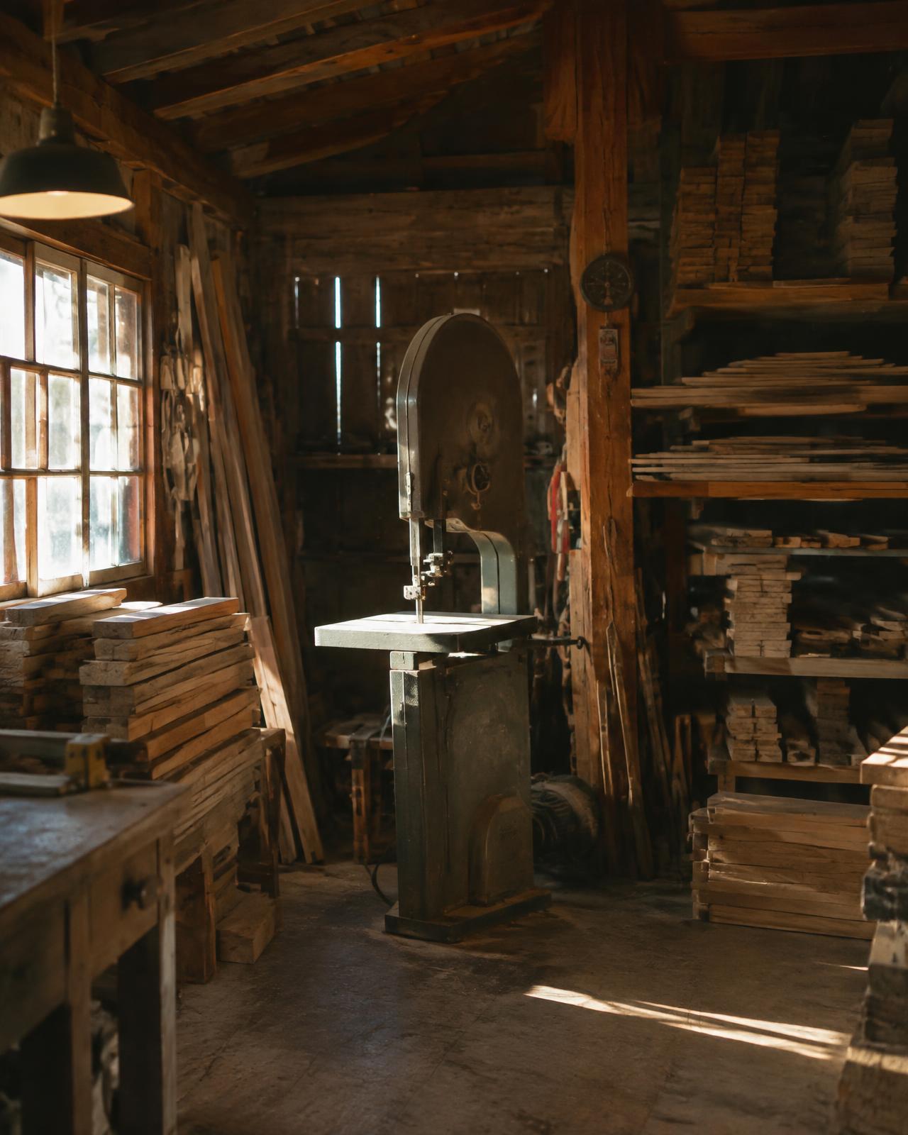 A small timber shop with stacked lumber and a bandsaw in late light